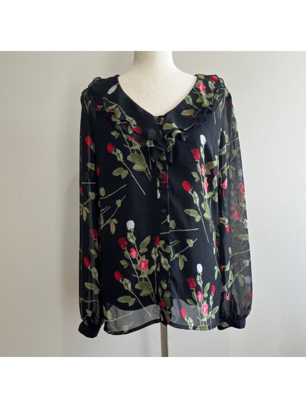 East 5th Black Rose Print Chiffon Blouse Womens L Ruffle Collar with Camisole
